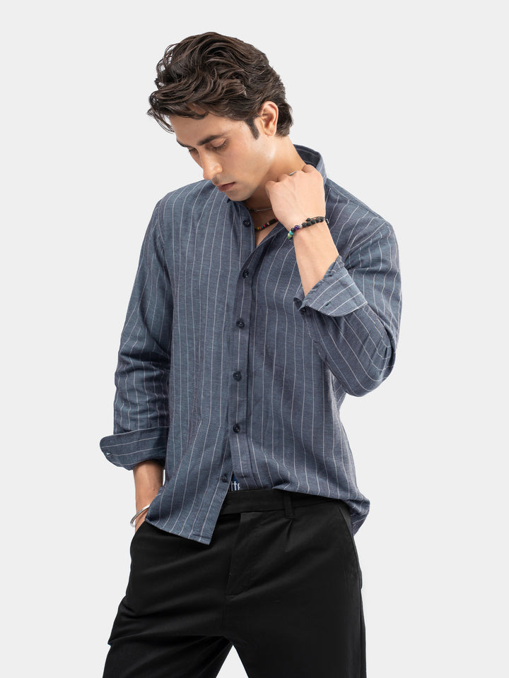Mid Blue Linen Striped Button Down Collar Shirt