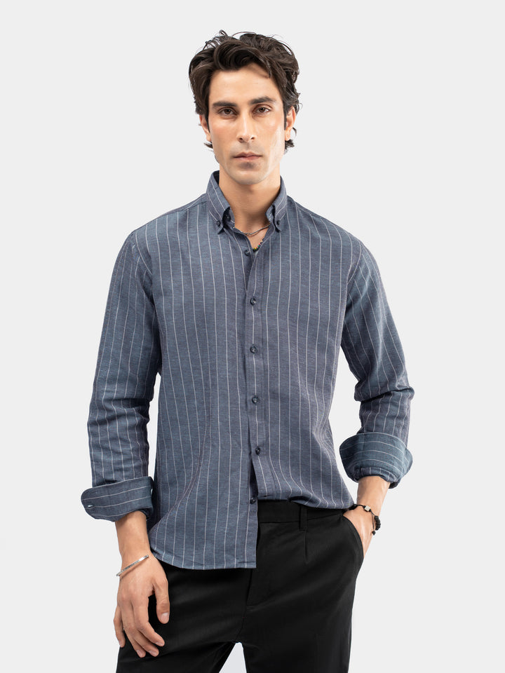 Mid Blue Linen Striped Button Down Collar Shirt