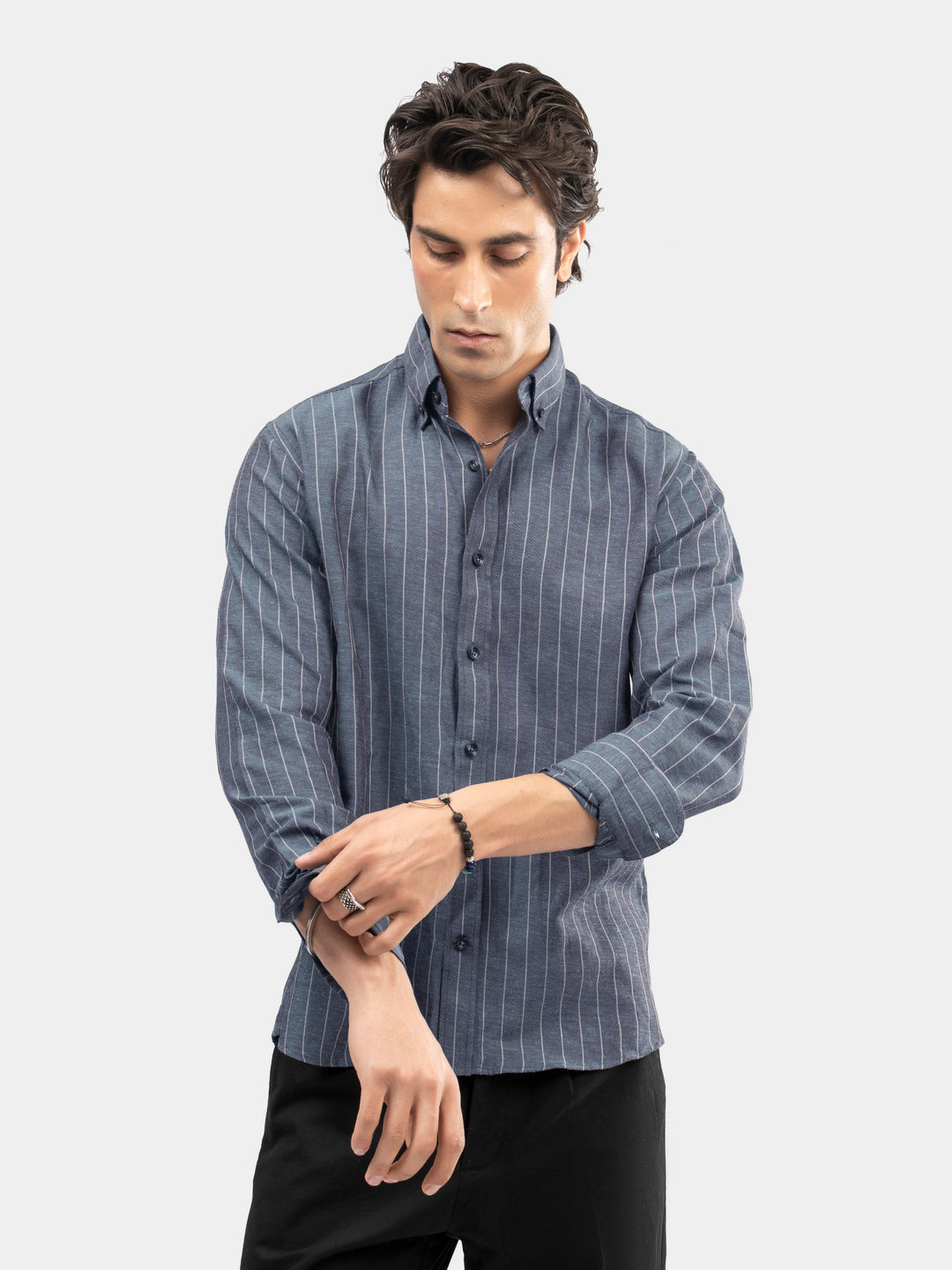 Mid Blue Linen Striped Button Down Collar Shirt