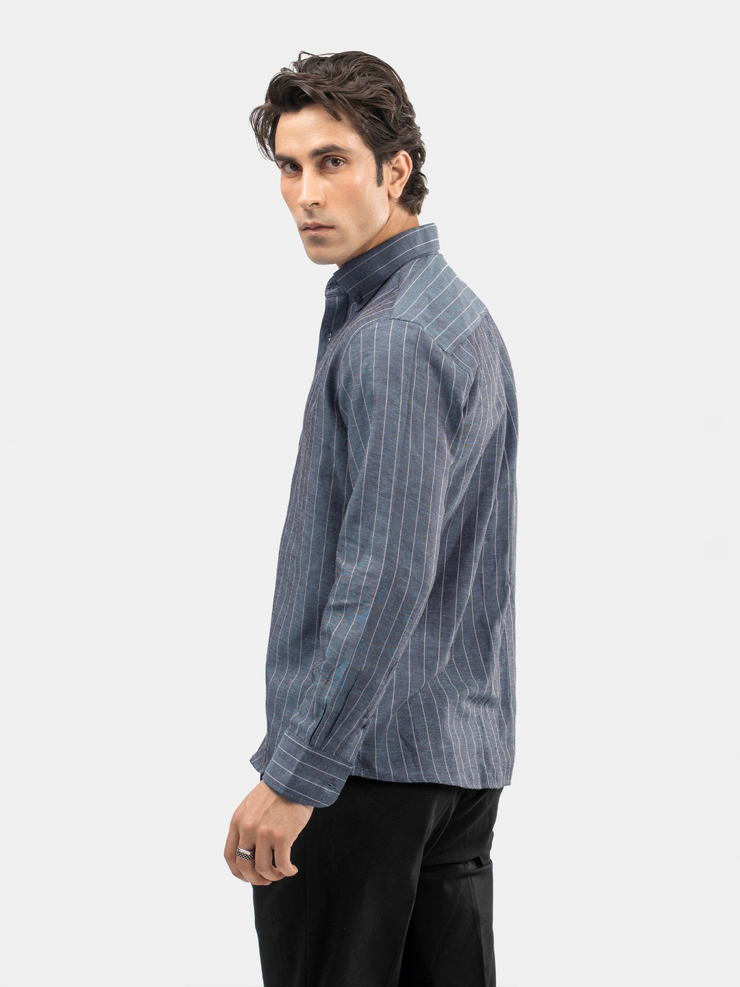 Mid Blue Linen Striped Button Down Collar Shirt
