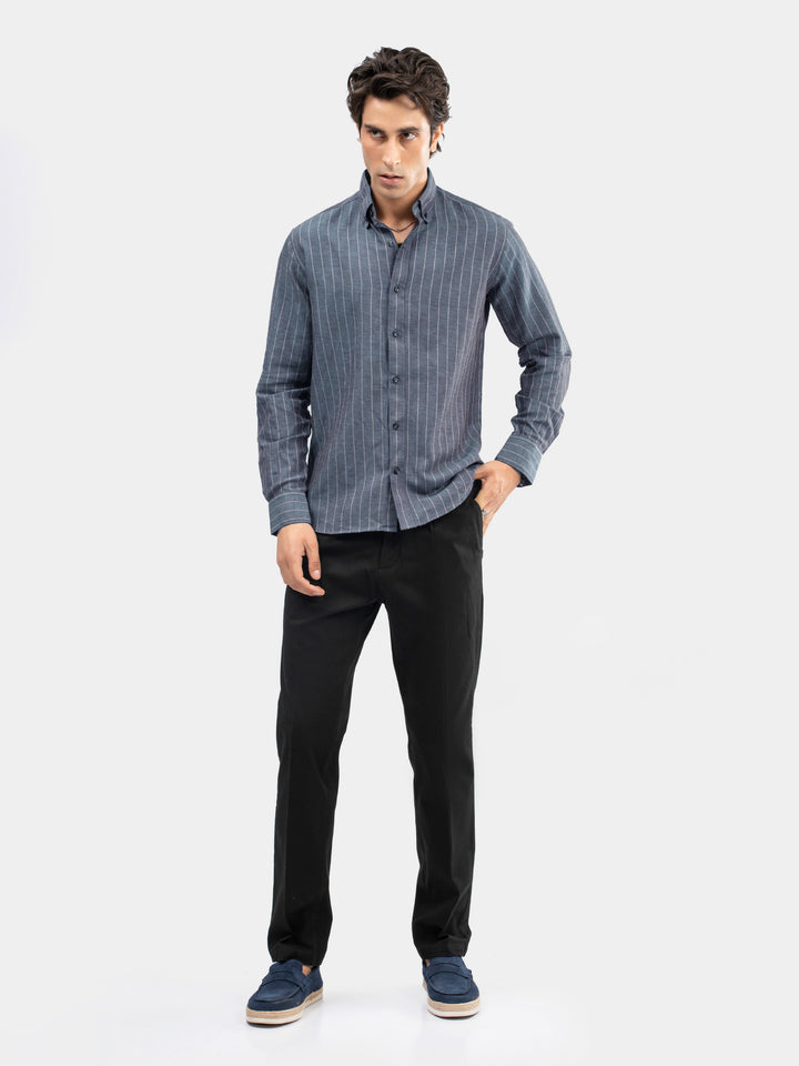 Mid Blue Linen Striped Button Down Collar Shirt