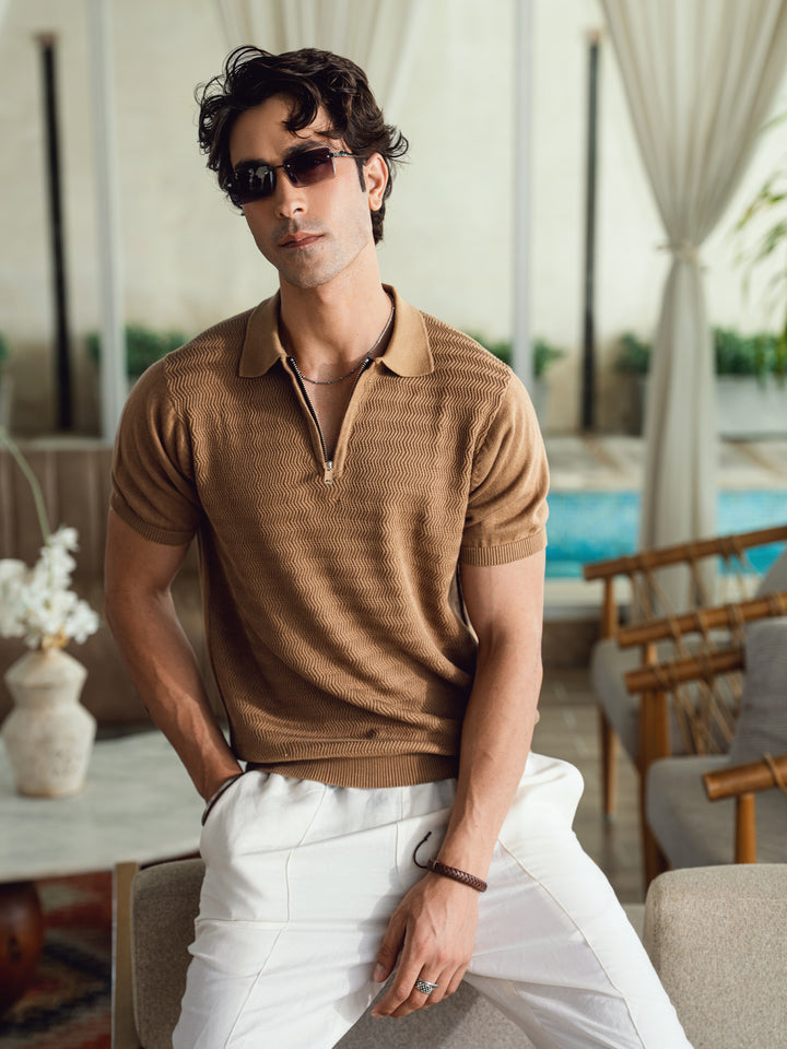 Men's mid brown textured flat knit zipper polo front view