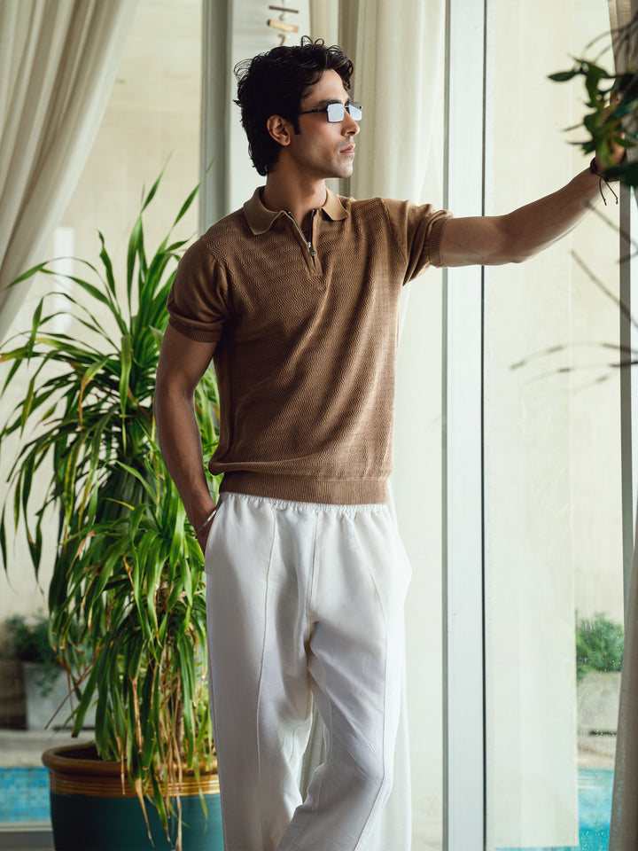 Men's mid brown textured flat knit zipper polo