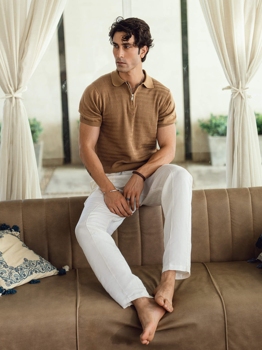 Men's mid brown textured flat knit zipper polo