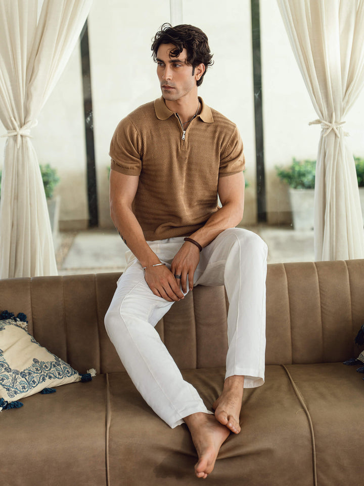 Men's mid brown textured flat knit zipper polo