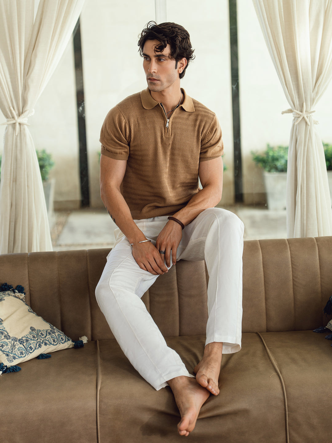 Men's mid brown textured flat knit zipper polo