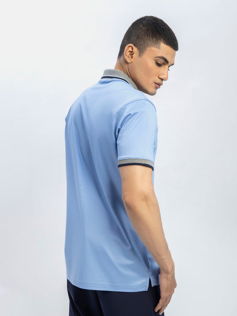 Mid Blue Interlock Polo With Contrasting Grey Collar