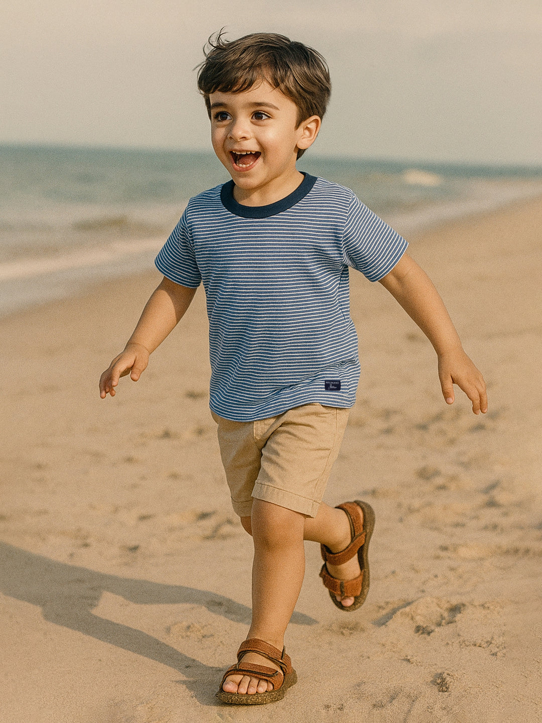 Midbluestripedcasualteewithcontrastingcrewneckbrumanopakistan