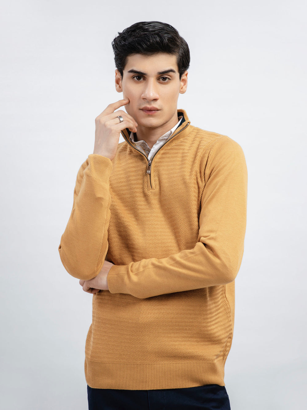 Mustard wool textured half zip sweater brumano pakistan
