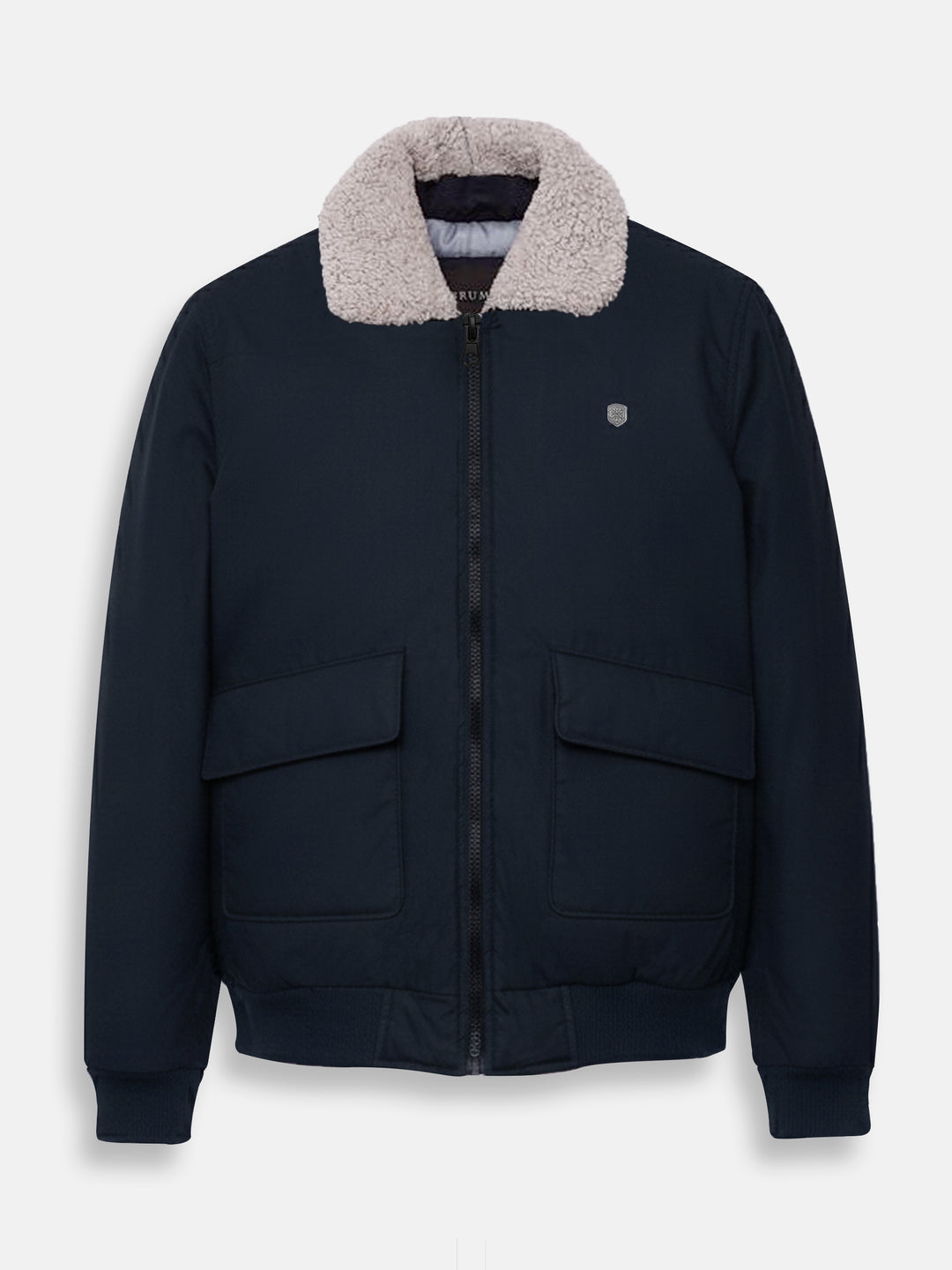 Front view of men's navy blue cotton bomber jacket with shearling collar