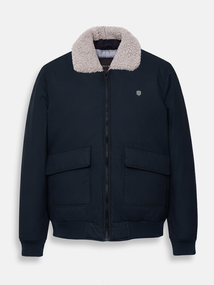 Front view of Men's Navy Blue Cotton Bomber Jacket with shearling collar