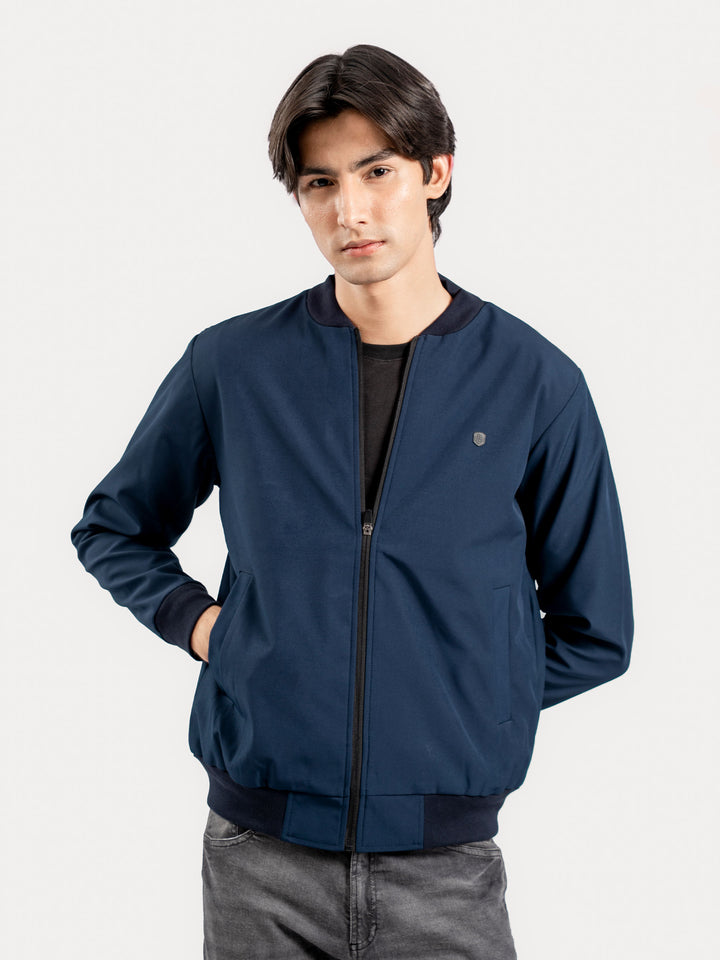Men's navy blue bomber jacket front view