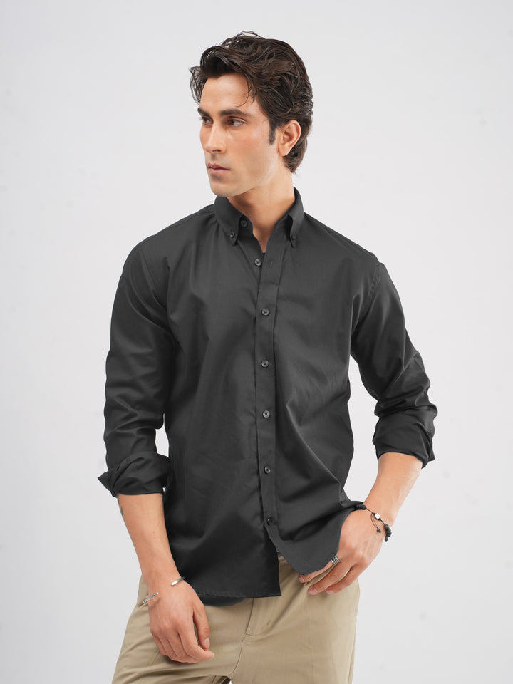 Men's navy blue button down shirt with contrast collar front view