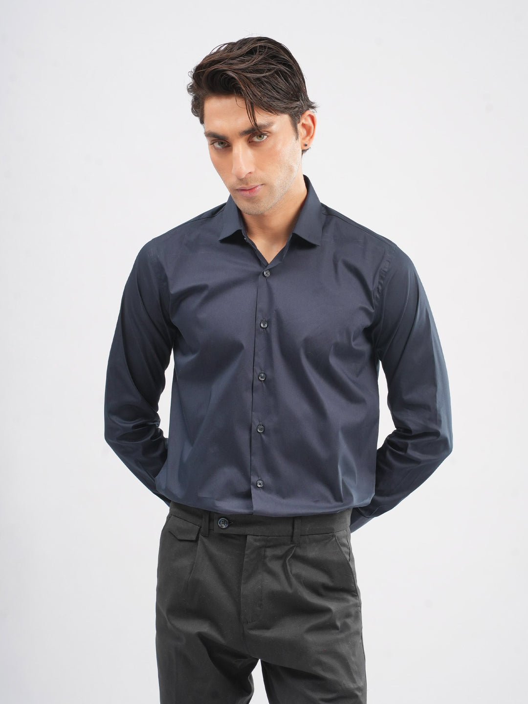 Men's navy blue satin shirt front view
