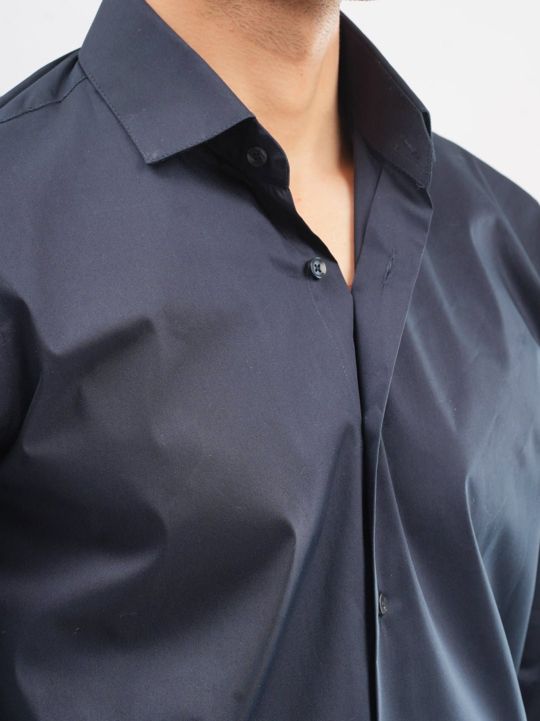 Men's navy blue satin shirt front view