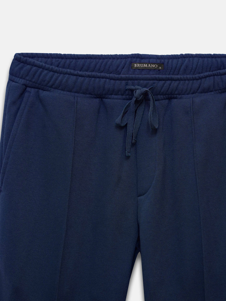 Close up of navy blue cotton blend fabric texture