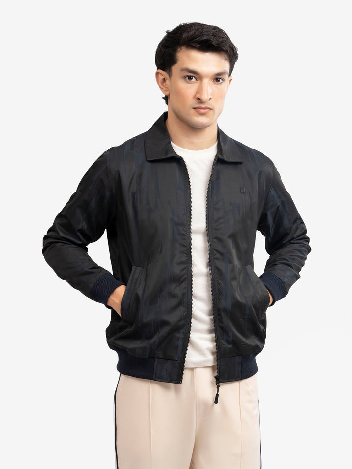 Men's navy blue jacket with structured collar front view