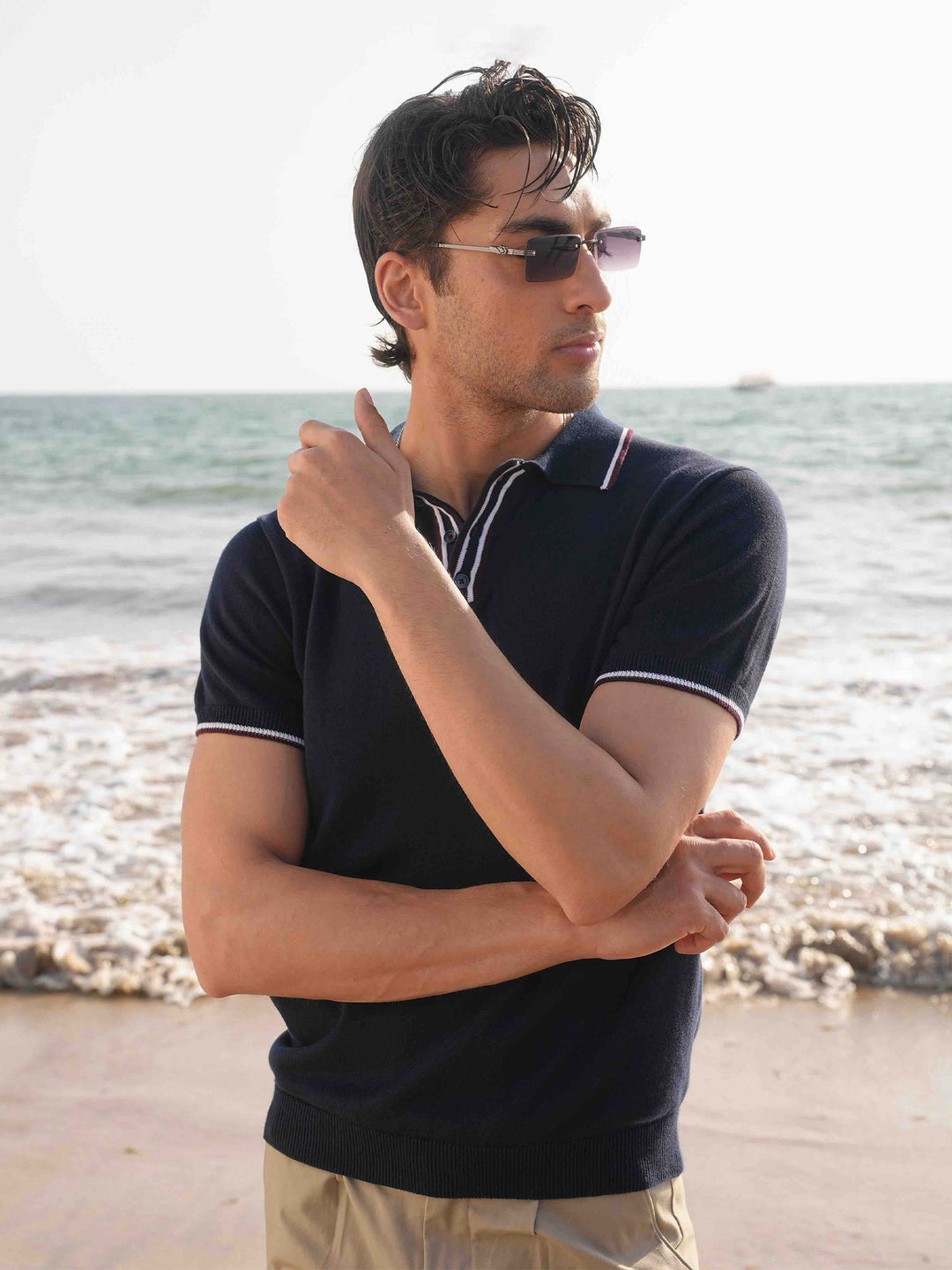 Navy Blue Flat Knit Polo With Contrating Placket