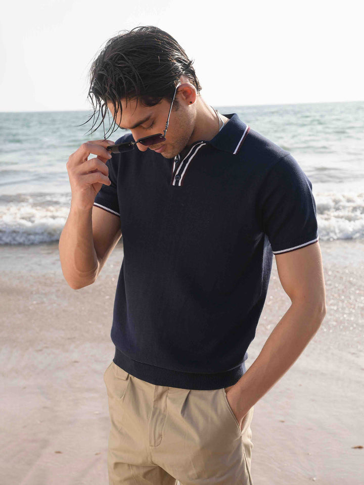 Navy Blue Flat Knit Polo With Contrating Placket