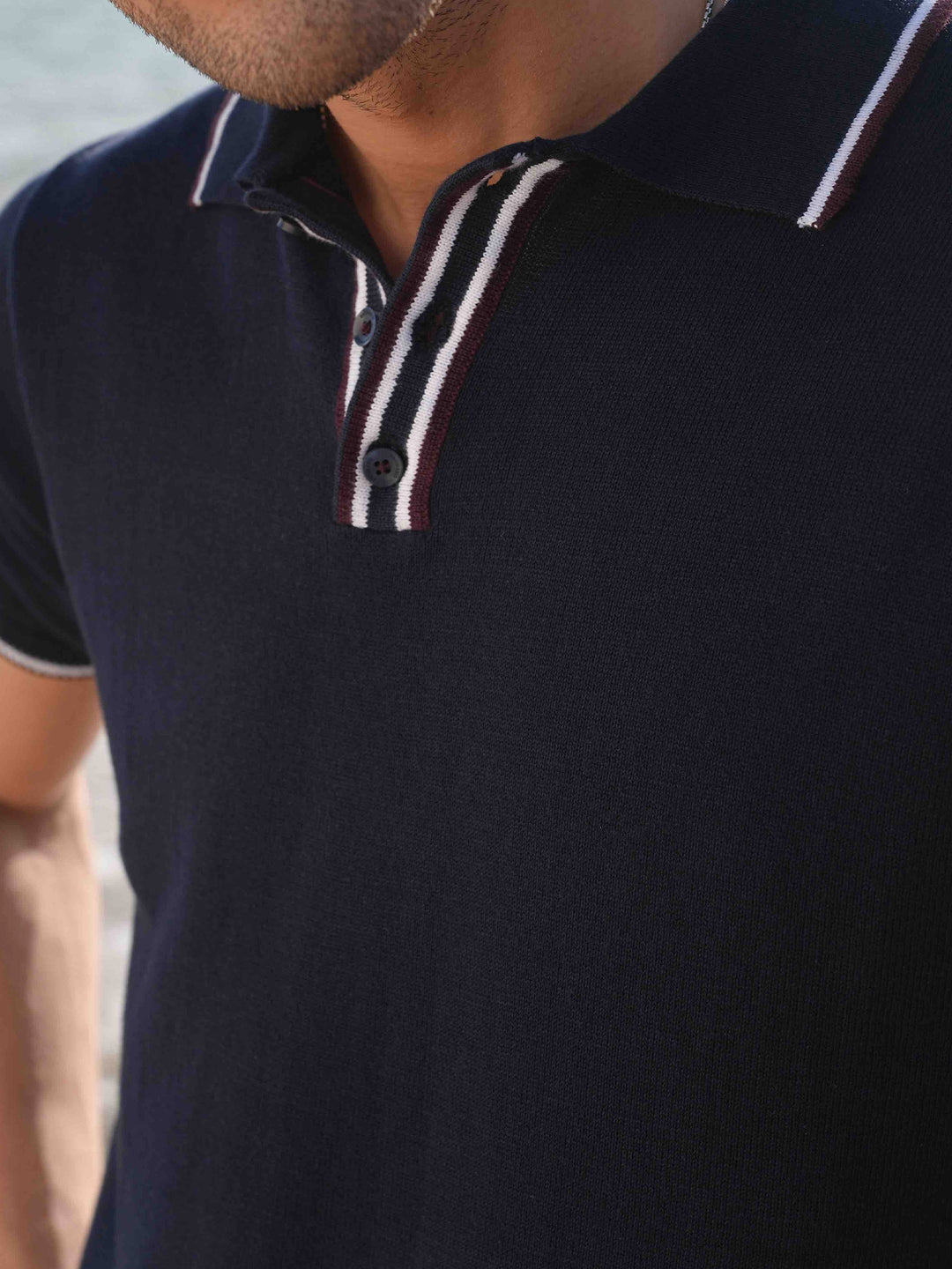 Navy Blue Flat Knit Polo With Contrating Placket