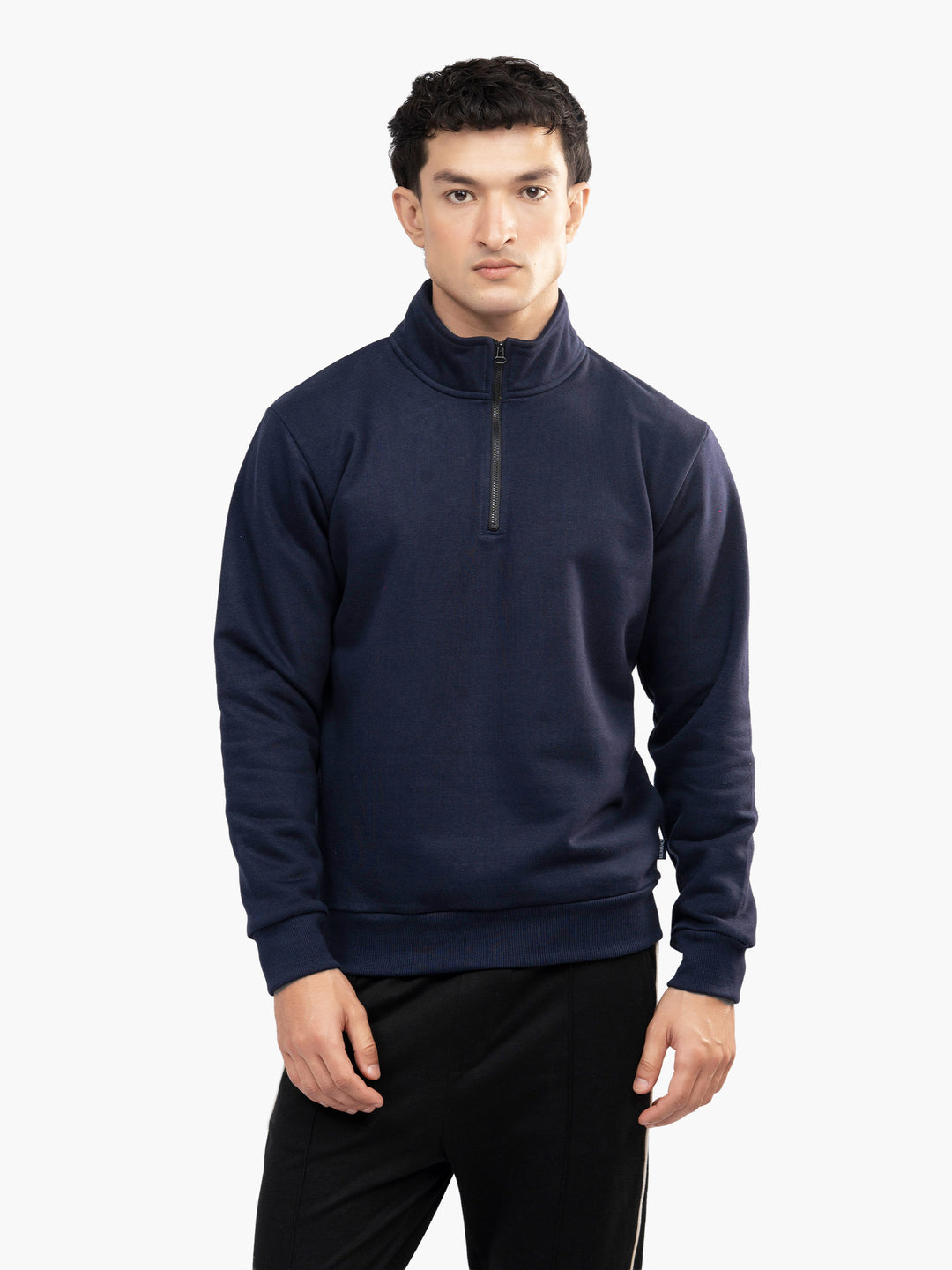 Men's navy blue fleece mock neck sweater front view