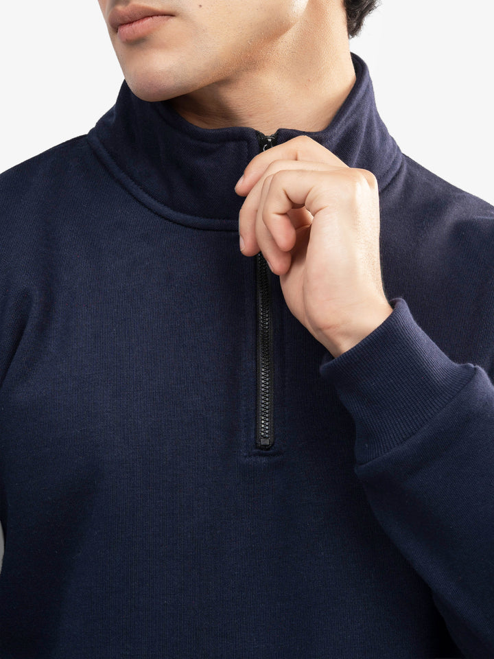 Quarter zipper detail on navy blue winter pullover