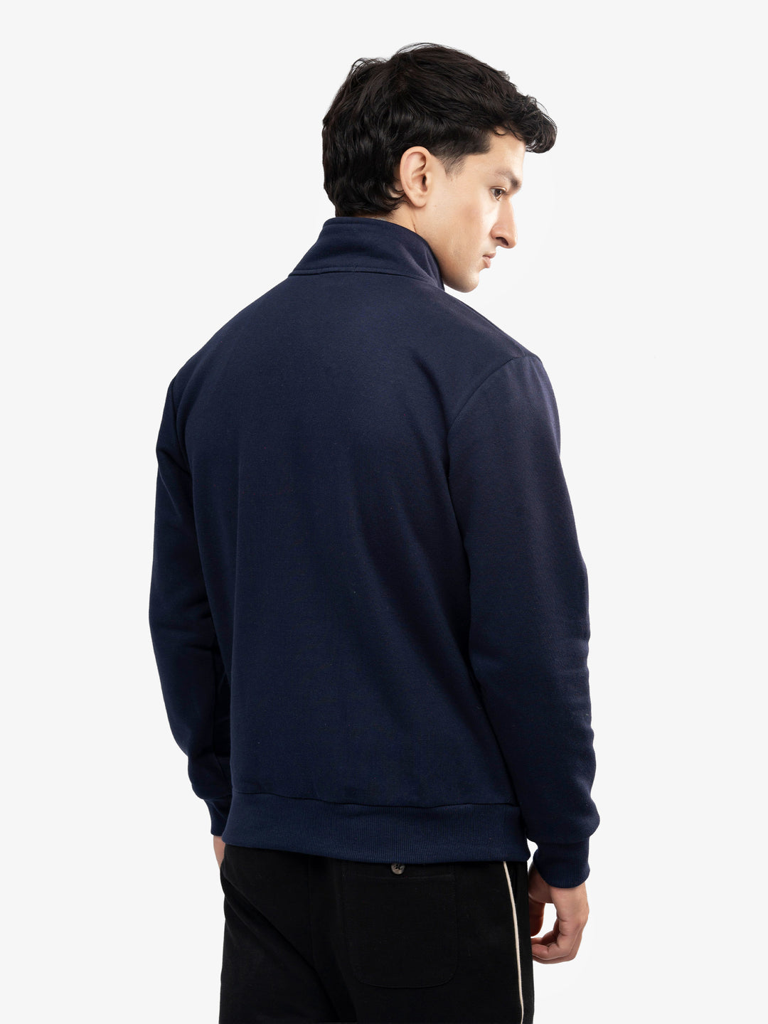 Back view of navy blue quarter zip sweater for men