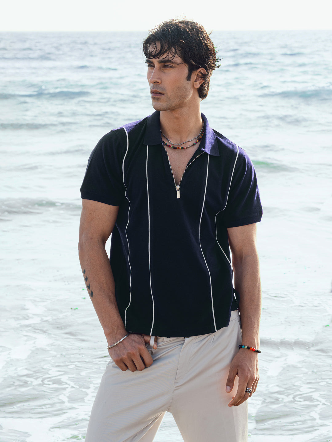 Navy Blue Front Striped Zipper Polo