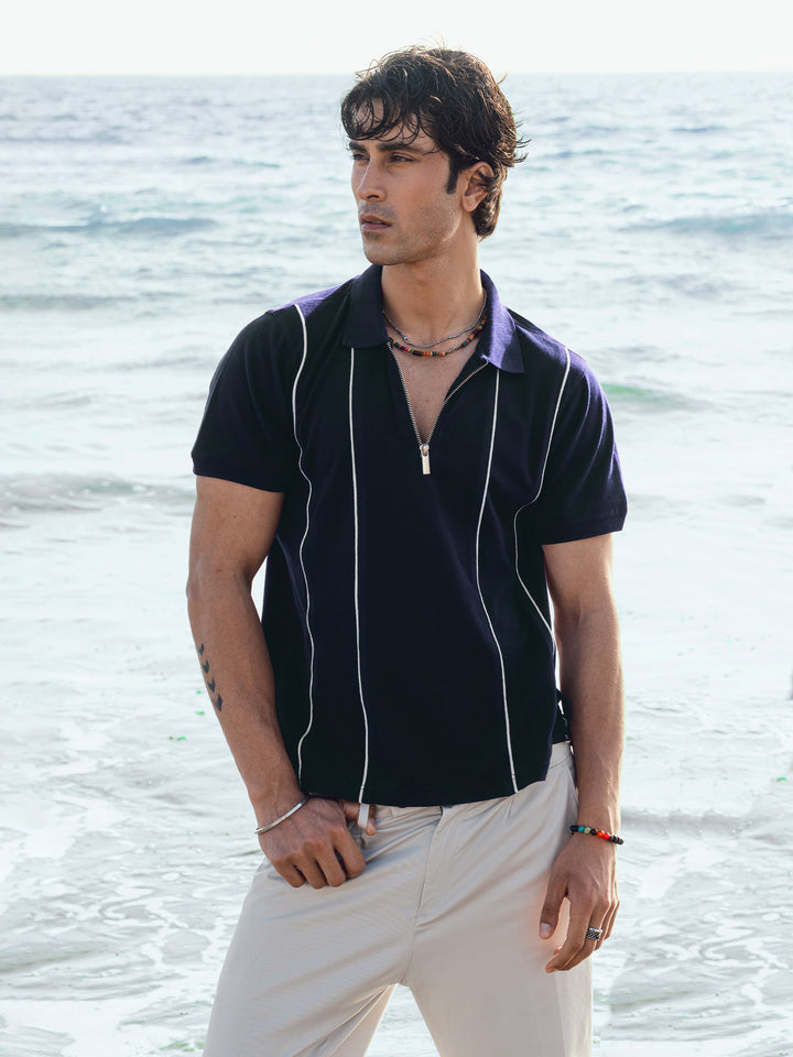 Navy Blue Front Striped Zipper Polo