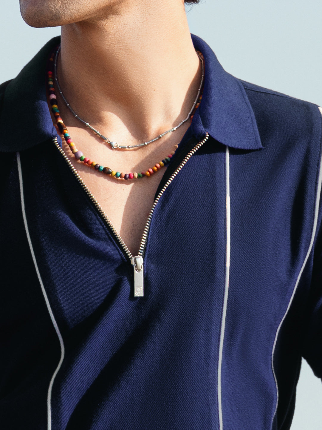 Navy Blue Front Striped Zipper Polo