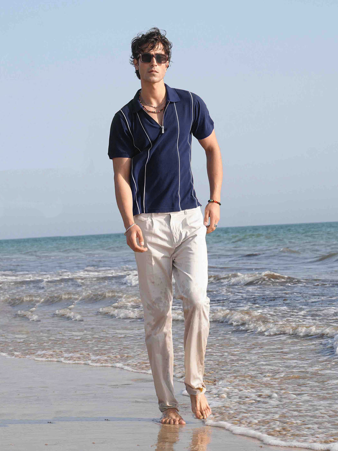 Navy Blue Front Striped Zipper Polo