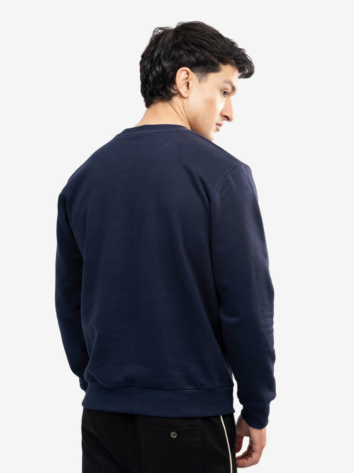 Back view of heavy crew neck pullover for men