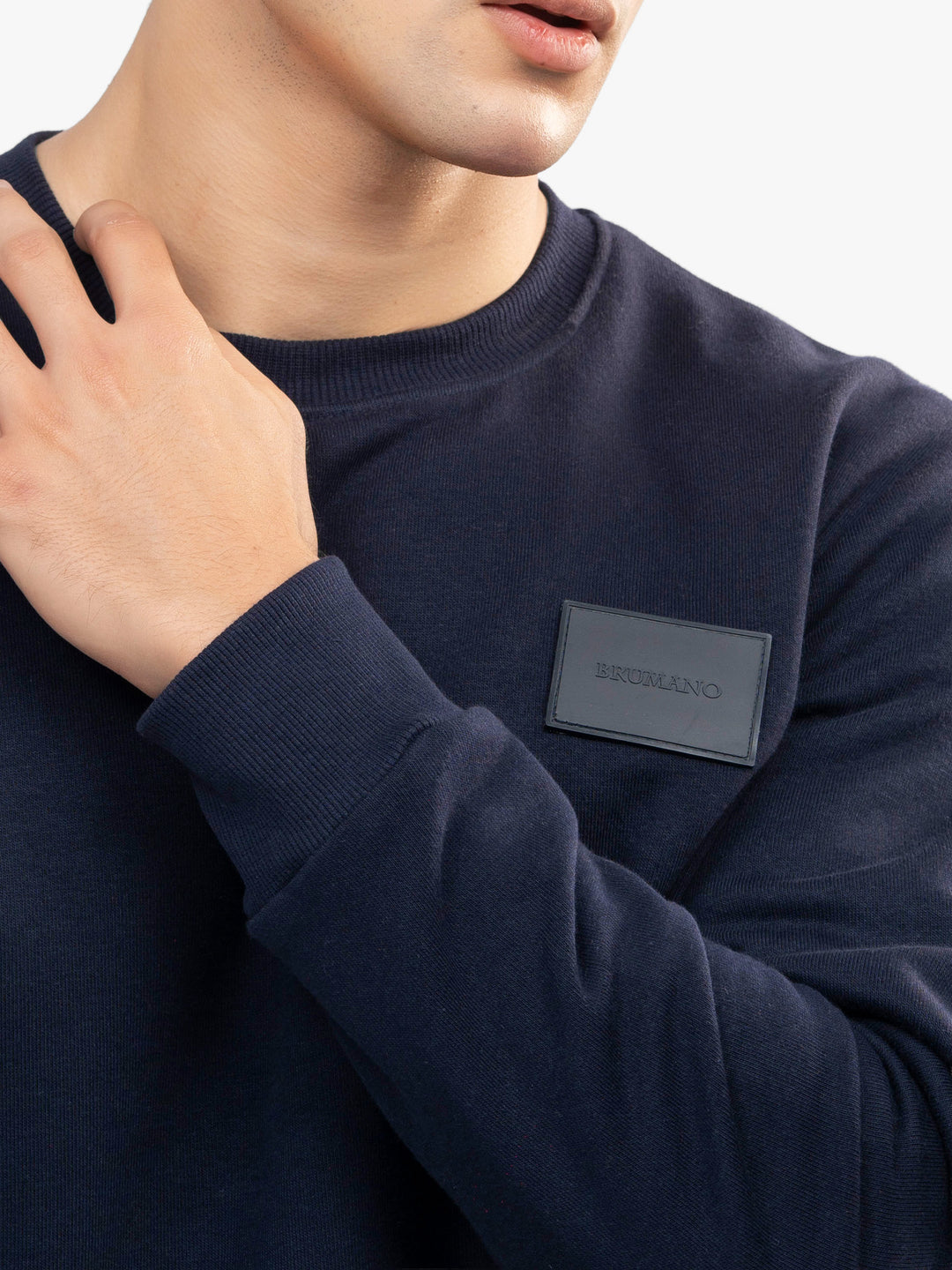 Close up of navy cotton blend sweatshirt fabric texture