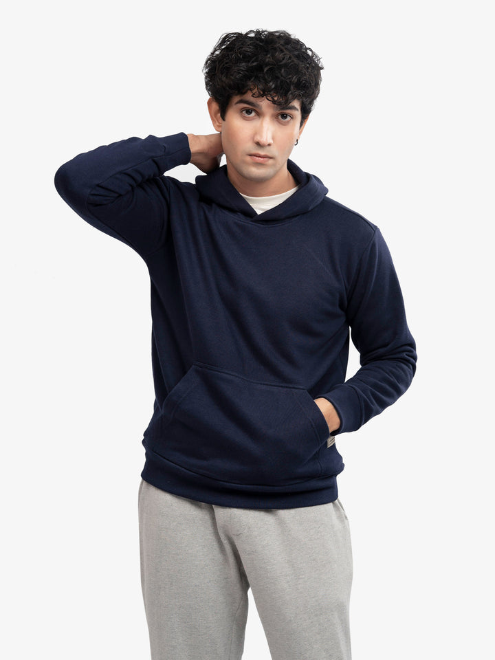 Men's navy blue heavyweight fleece hoodie front view