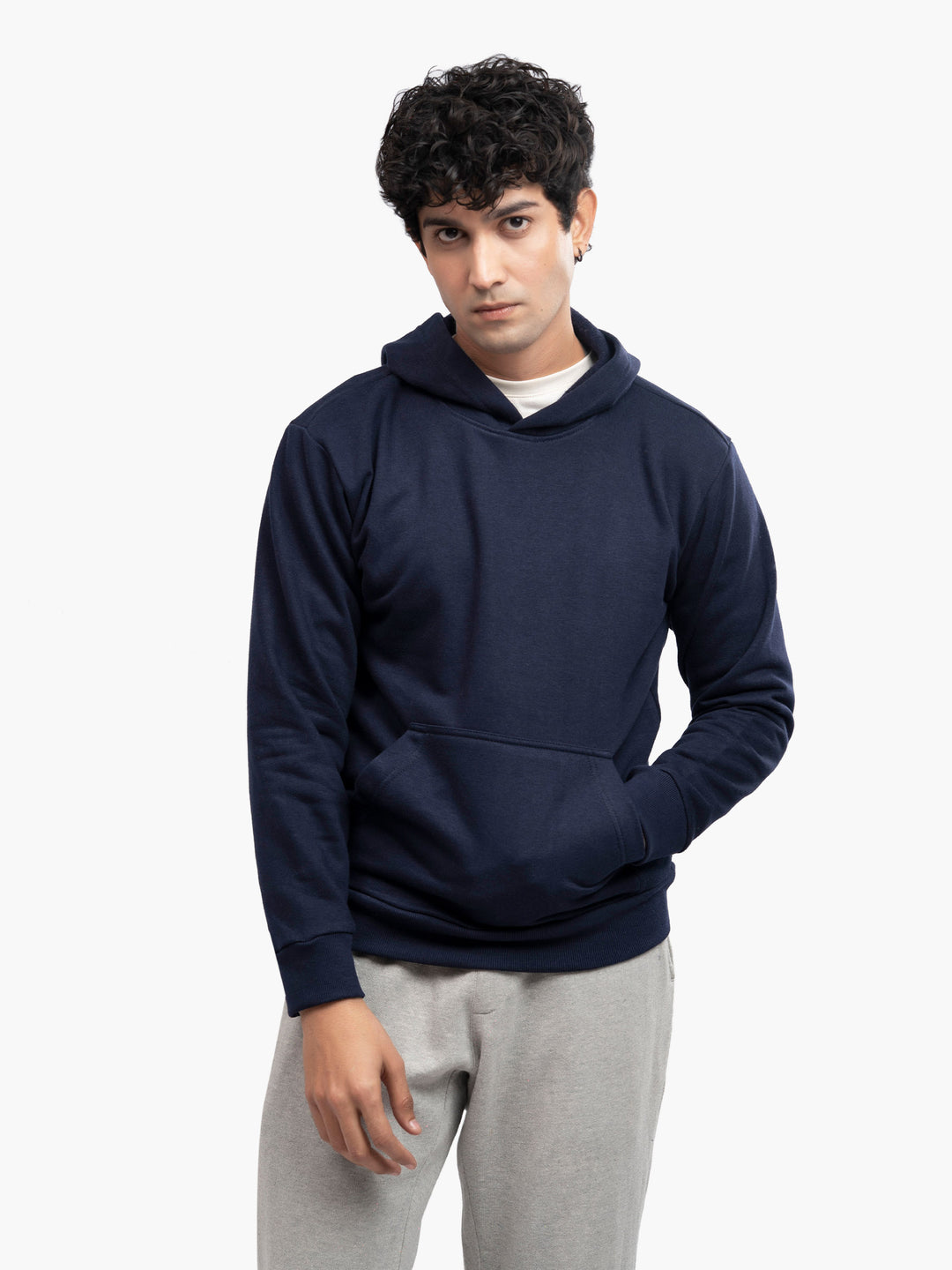 Model wearing navy blue winter hoodie in Pakistan