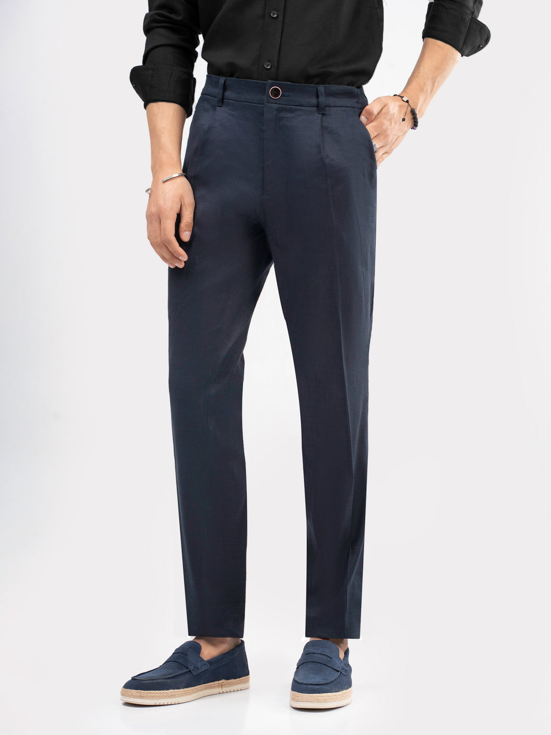 Navy blue linen comfort waist chinos with pleats brumano pakistan