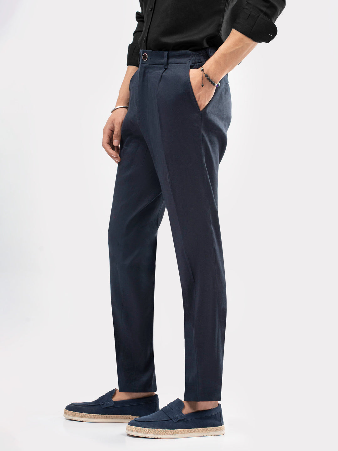 Men wearing smart casual navy blue pleated chinos