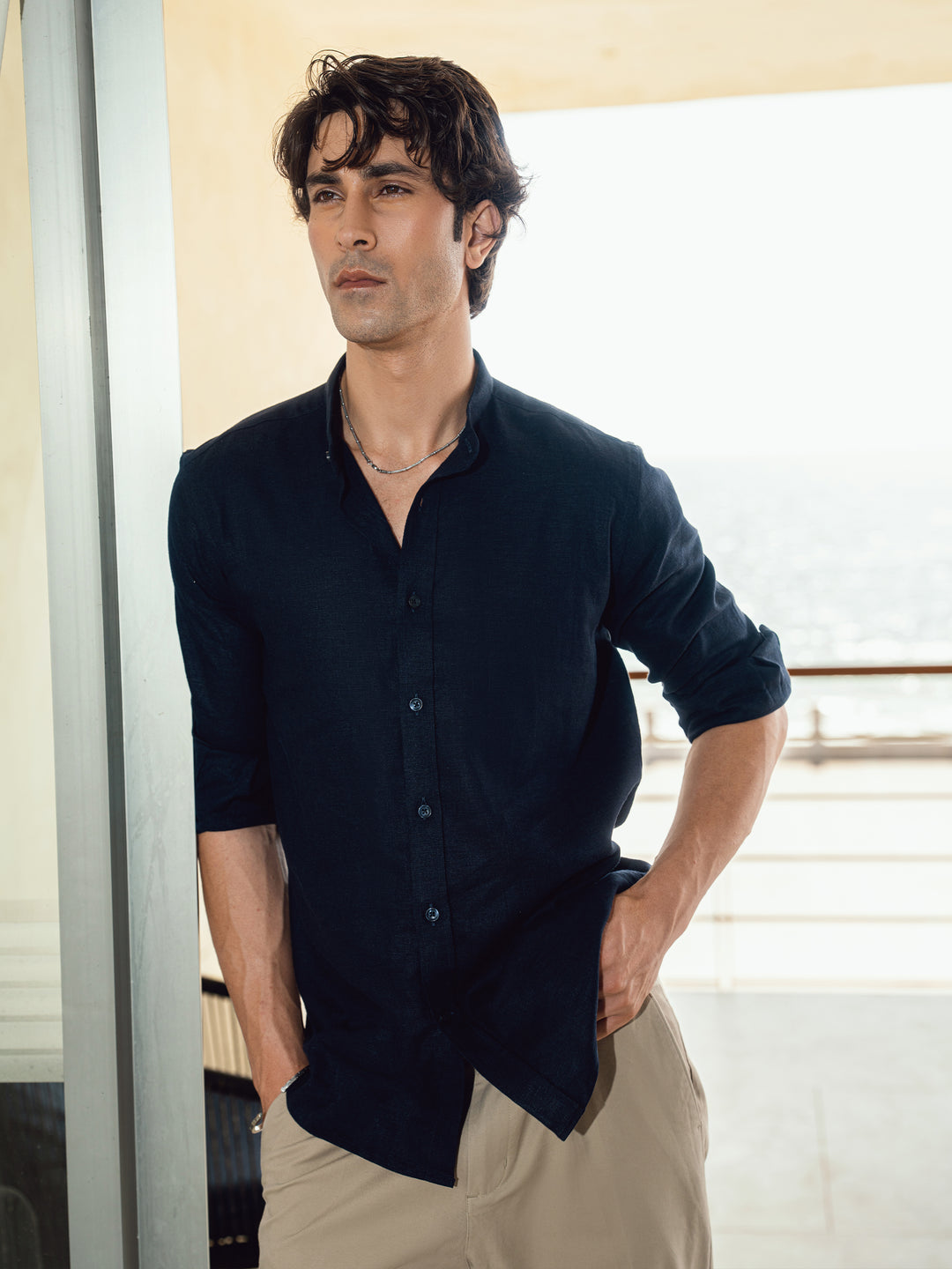 Navy Blue Linen Blended Mao Collar Shirt