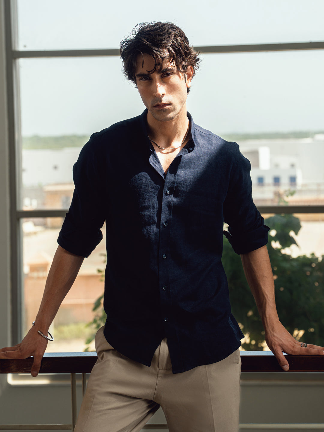 Navy Blue Linen Blended Mao Collar Shirt
