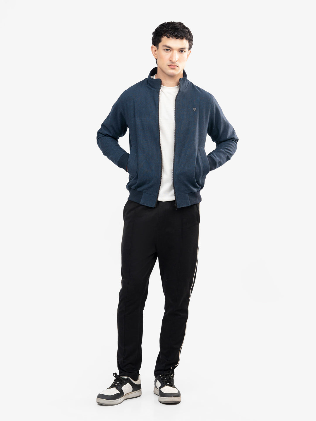 Navy mock neck outerwear texture detail