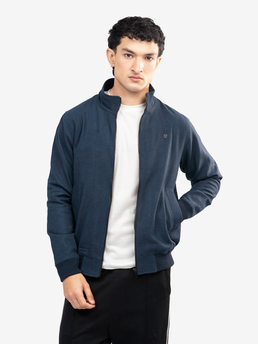Men's navy blue mock neck jacket front view