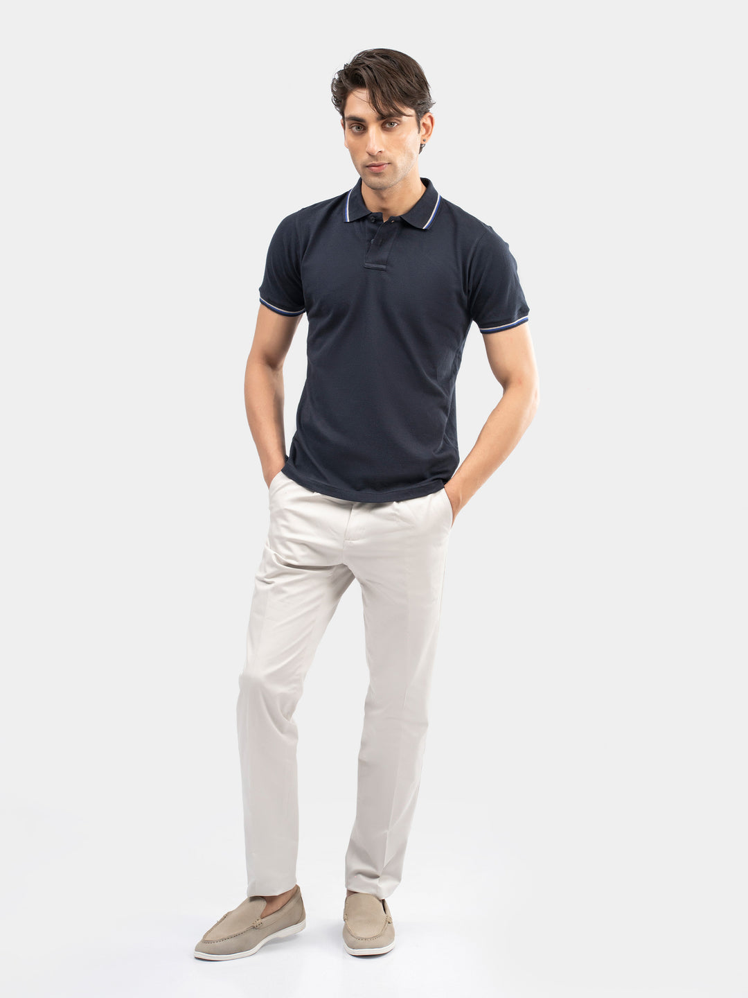 Navy Blue Multicolor Tipped Collar Pique Polo