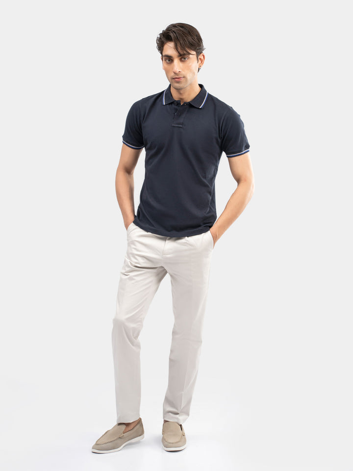 Navy Blue Multicolor Tipped Collar Pique Polo