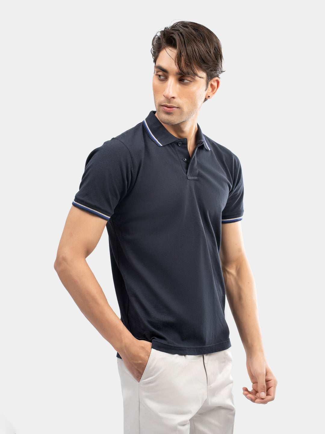 Navy Blue Multicolor Tipped Collar Pique Polo