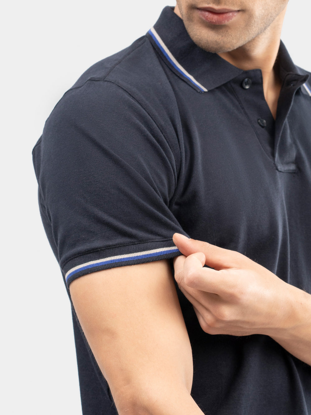 Navy Blue Multicolor Tipped Collar Pique Polo