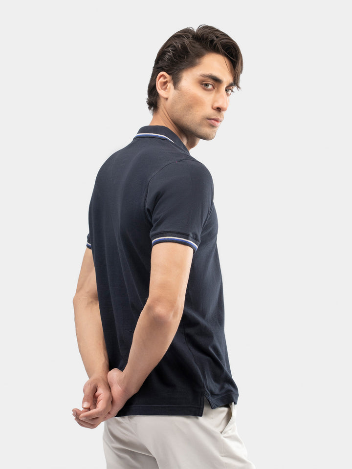 Navy Blue Multicolor Tipped Collar Pique Polo