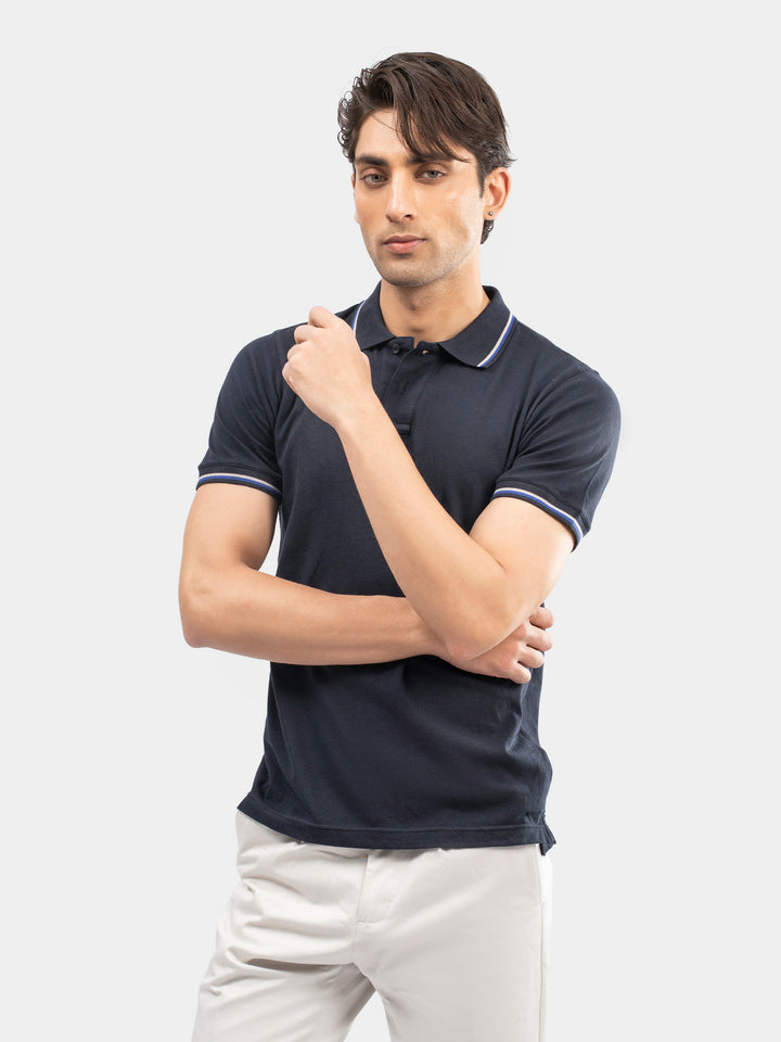 Navy Blue Multicolor Tipped Collar Pique Polo