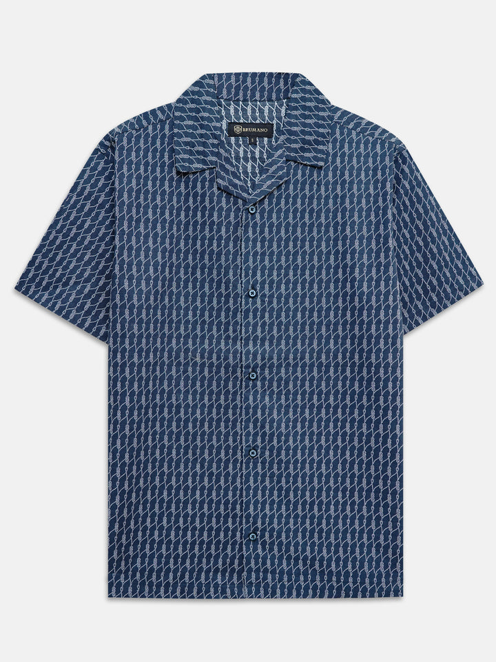 Men's navy blue printed cuban collar shirt front view