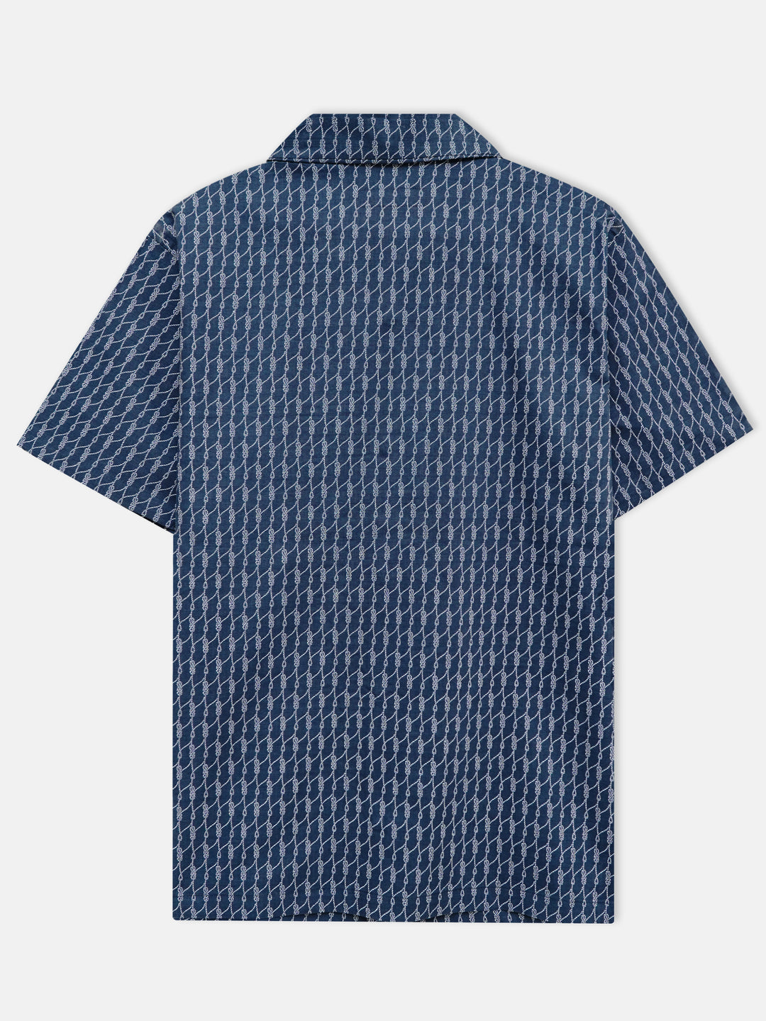 Men's navy blue printed cuban collar shirt back view