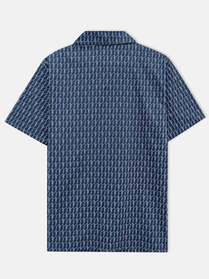 Men's navy blue printed cuban collar shirt back view